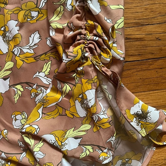 Gold Hawk Orange Tan Floral Silk Strapless Elegant Midi Dress NWOT Sample Size S - Picture 3 of 4